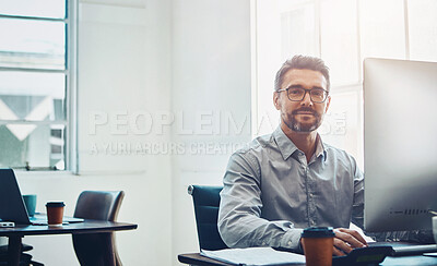 Buy stock photo Business, man and portrait by computer in office for contact us, crm and faq by desk at workplace. Professional, employee and consultant with pc at workspace for client advice, communication or smile