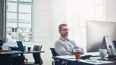 Buy stock photo Business, man and computer with arms crossed in office or ready for contact us, crm and loan faq at workplace. Professional, employee and consultant with pc at workspace for legal advice and reading