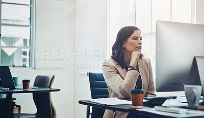 Buy stock photo Business, woman and reading by computer in office for contact us, crm and faq by desk at work. Professional, employee and consultant with pc at workspace for client advice, communication and research