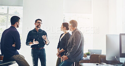 Buy stock photo Business, people and meeting for discussion in office by networking, presentation and training with leader as web design. Man, staff and mentor for communication, teamwork and ideas for project
