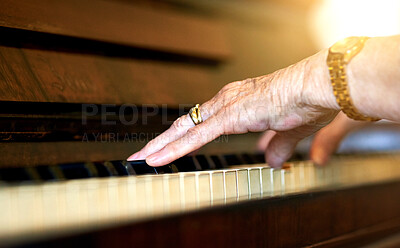 Buy stock photo Home, hands and old woman with piano, music and instrument with talent, culture and training for performance. Closeup, classical artist and senior person with sound, audio and practice with hobby