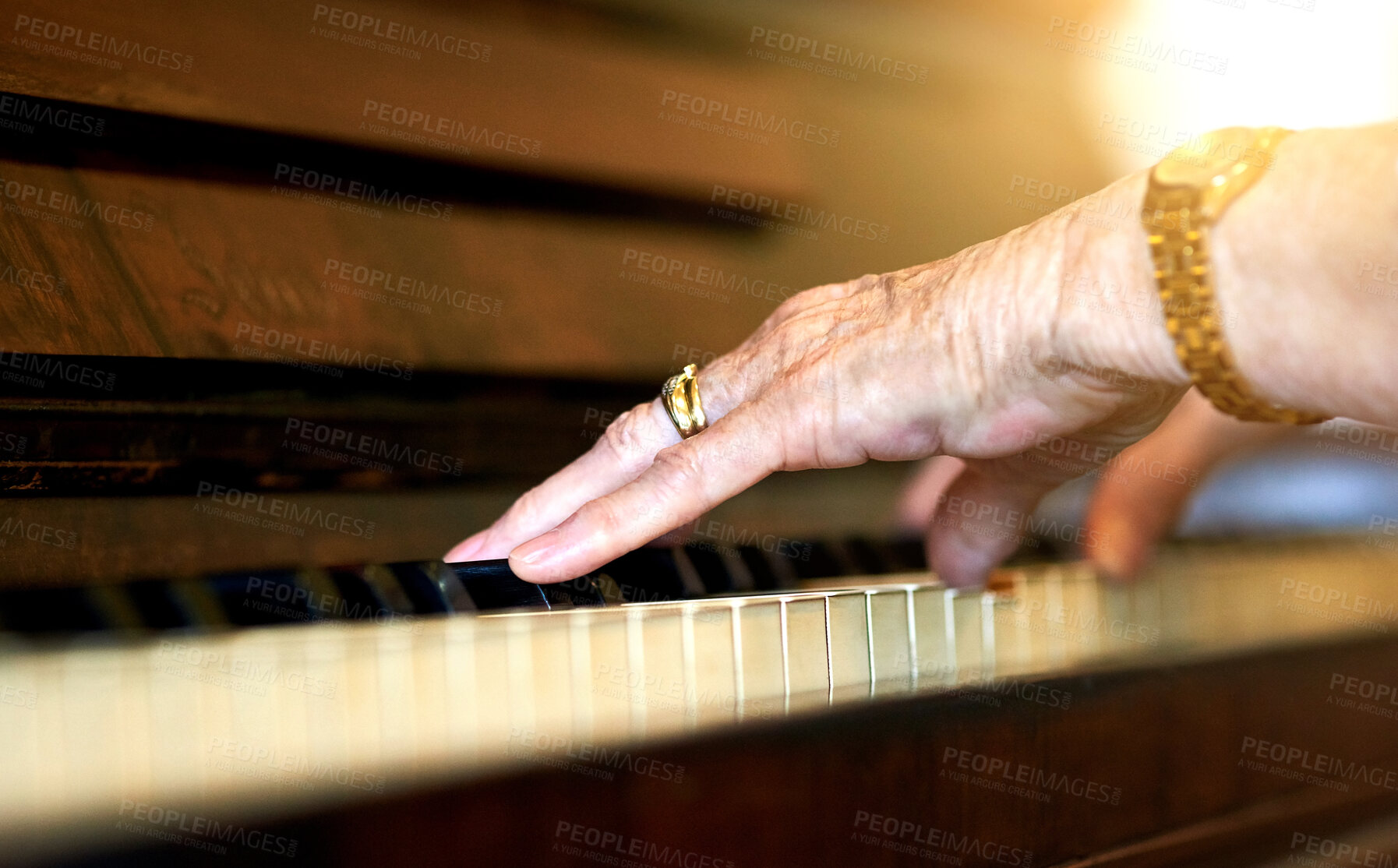 Buy stock photo Home, hands and old woman with piano, music and instrument with talent, culture and training for performance. Closeup, classical artist and senior person with sound, audio and practice with hobby