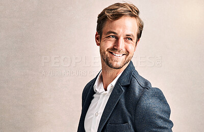 Buy stock photo Space, thinking and happy businessman in studio for professional, legal career and confidence. Smile, mockup and face with pride on white background for corporate company, job and work with fashion