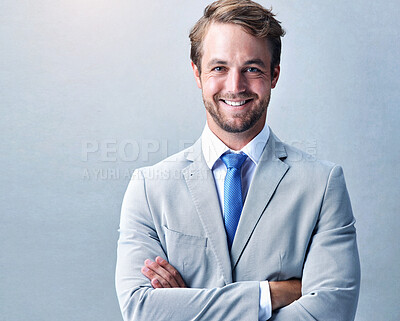 Buy stock photo Portrait, smile and business man with arms crossed for corporate career or job in Germany. Face, confident or professional entrepreneur, worker or broker in suit isolated on white studio background