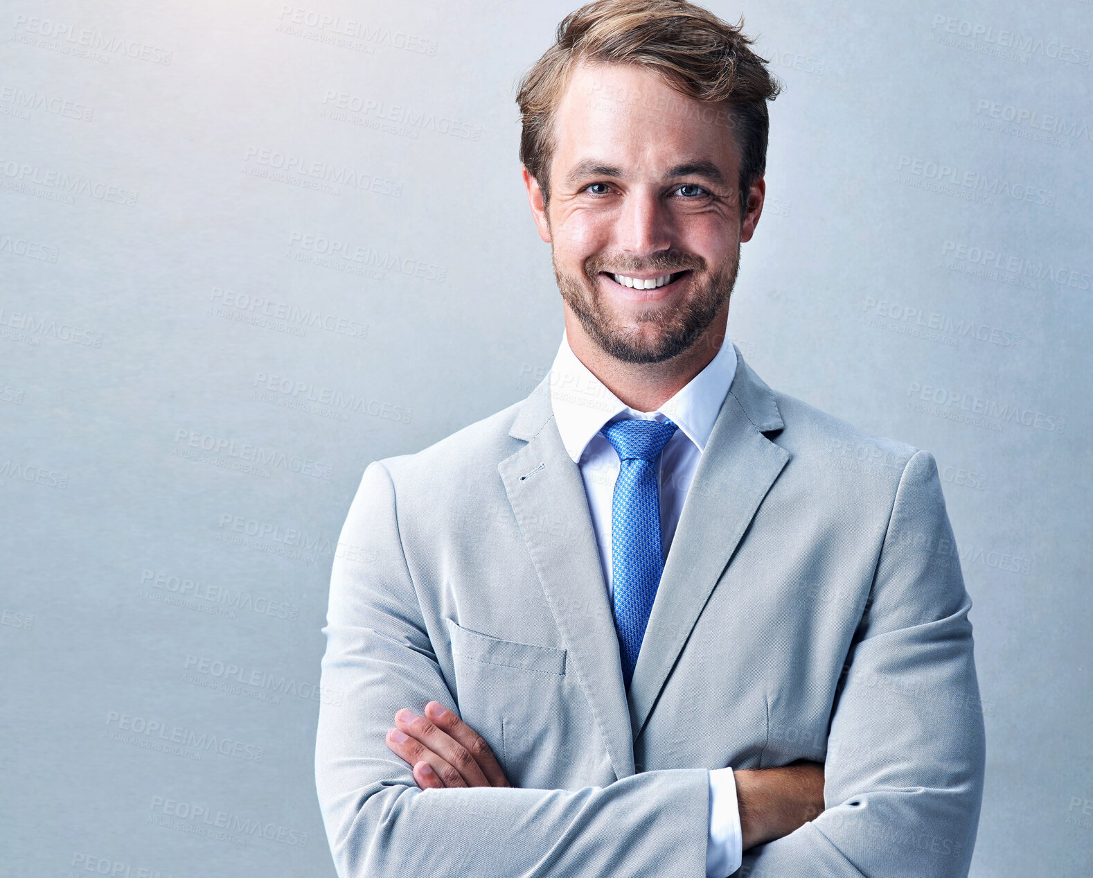 Buy stock photo Portrait, smile and business man with arms crossed for corporate career or job in Germany. Face, confident or professional entrepreneur, worker or broker in suit isolated on white studio background