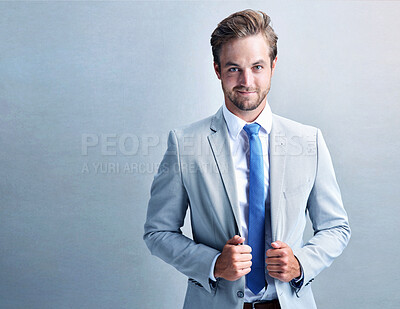 Buy stock photo Portrait, suit and business man in studio for corporate career or job in Germany isolated on white background. Face, confident and professional entrepreneur, employee or salesman work on mockup space