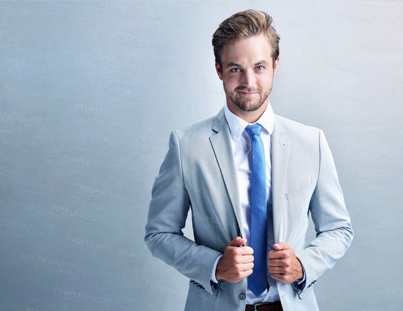 Buy stock photo Portrait, suit and business man in studio for corporate career or job in Germany isolated on white background. Face, confident and professional entrepreneur, employee or salesman work on mockup space