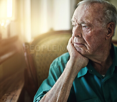 Buy stock photo Senior, man and thinking with depression for memory in retirement home with remember, nostalgia or reflection on sofa. Elderly, person and sad with alzheimers, grief and thoughtful on couch or mockup