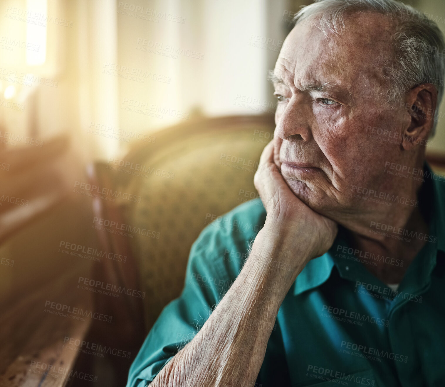 Buy stock photo Senior, man and thinking with depression for memory in retirement home with remember, nostalgia or reflection on sofa. Elderly, person and sad with alzheimers, grief and thoughtful on couch or mockup