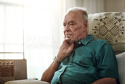 Buy stock photo Nursing home, senior and man on couch, thinking and memory in living room, patient and healthcare of person. House, lounge and wellness for Alzheimer's, retirement and hope for treatment and recovery