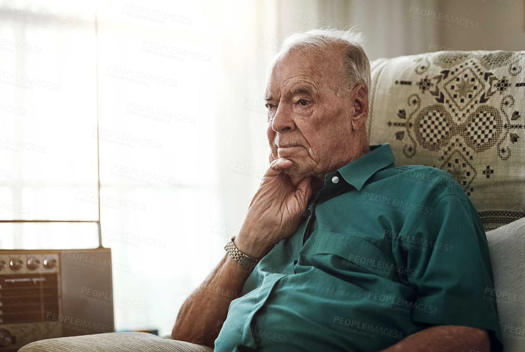 Buy stock photo Nursing home, senior and man on couch, thinking and memory in living room, patient and healthcare of person. House, lounge and wellness for Alzheimer's, retirement and hope for treatment and recovery