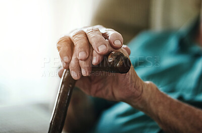 Buy stock photo Senior man, hands and walking stick with cane for support, old age or care in retirement home. Closeup of elderly, pensioner or male person with a disability for stability, assist or posture at house