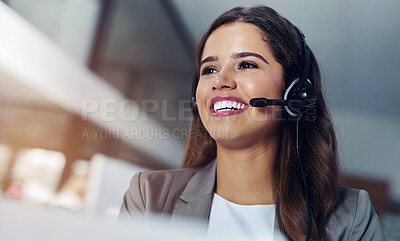 Buy stock photo Happy, woman and telemarketing assistant at call centre for customer service, communication and advice. Female person or CRM and with headphones in office for contact, help and support on hotline