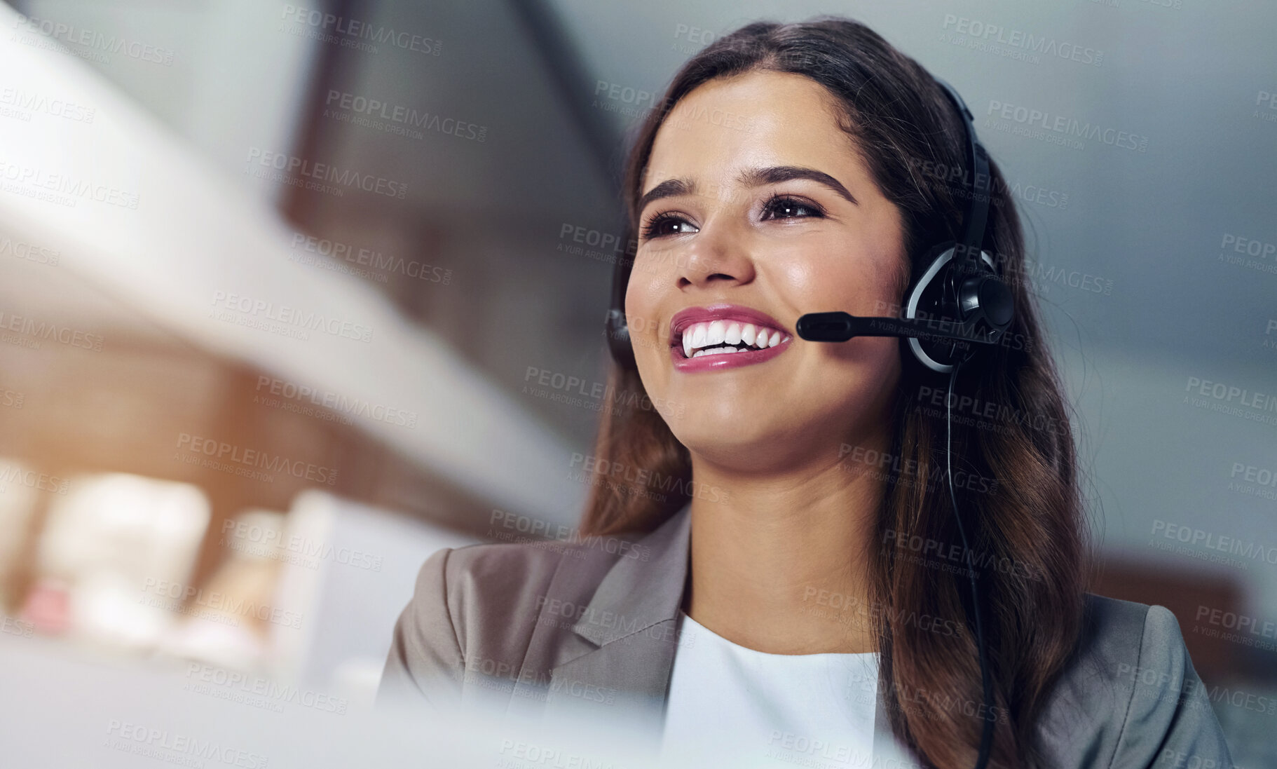 Buy stock photo Happy, woman and telemarketing assistant at call centre for customer service, communication and advice. Female person or CRM and with headphones in office for contact, help and support on hotline