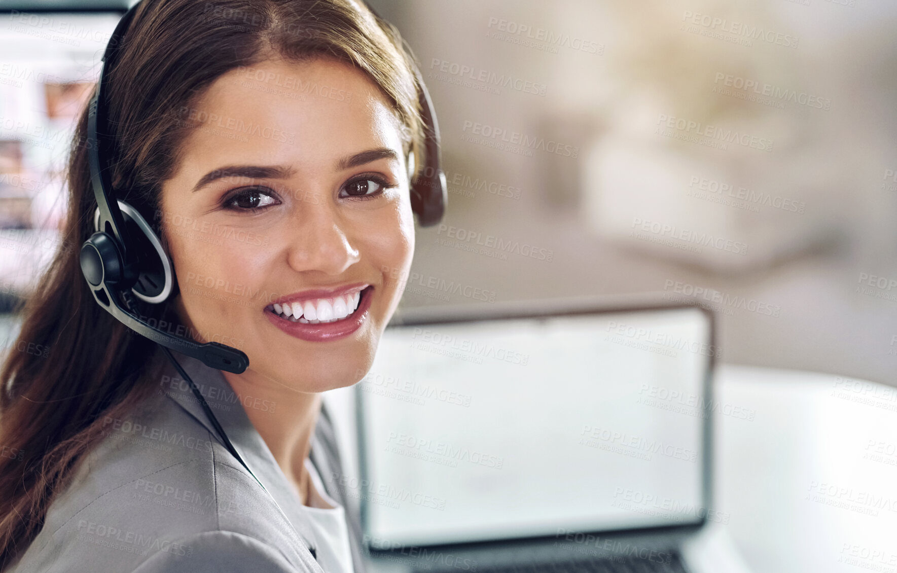 Buy stock photo Call center, portrait and woman with microphone for telemarketing, support and consulting as service. Office, professional agent or female advisor with headset to listen, answer questions and help