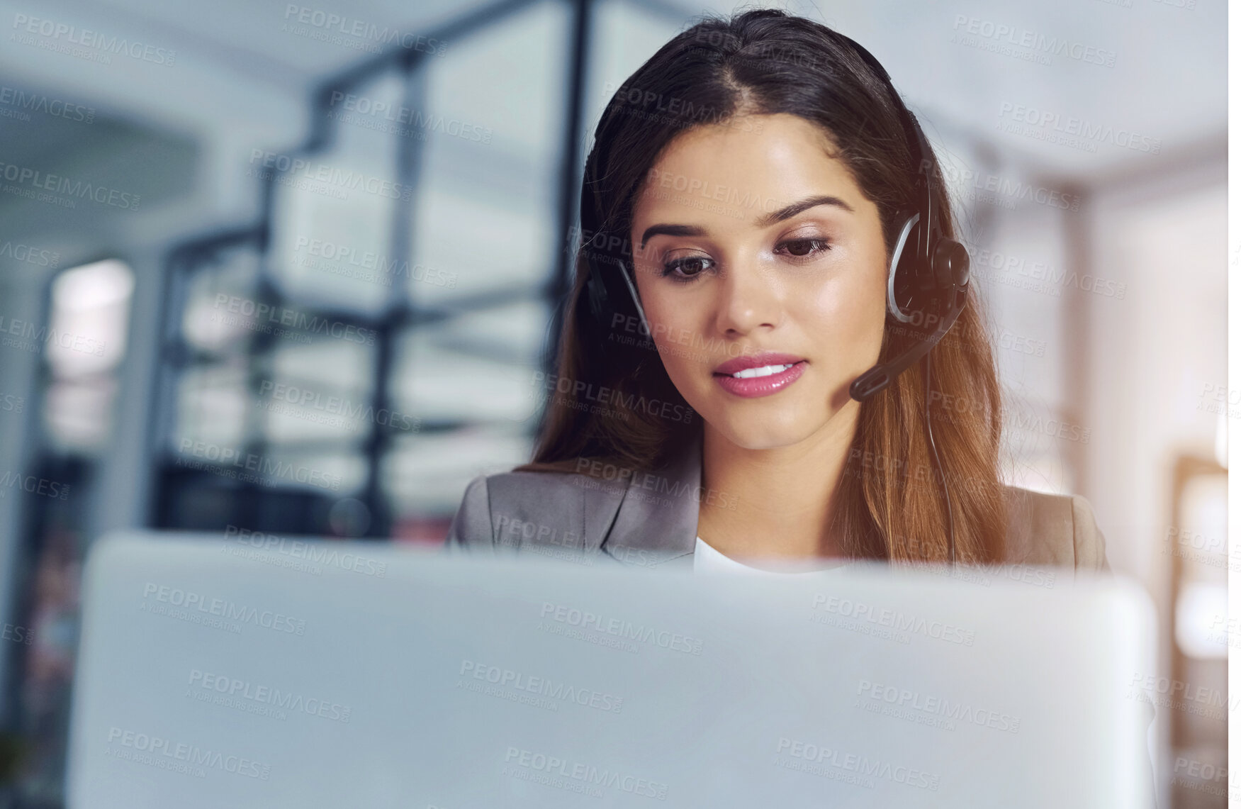 Buy stock photo Happy, woman and telemarketing at call centre for customer service, communication and connection. Female person or CRM and technical support with headphones for contact or help with hotline questions