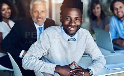 Buy stock photo Portrait, leader and happy business man with team in office for career, job or about us in company. Face, smile and professional entrepreneur with group, employees and sales manager in work meeting