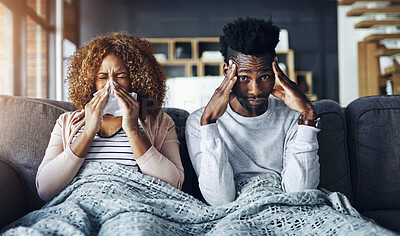 Buy stock photo Portrait, sick and woman with man, stress and allergy in living room, illness and virus with tissue. Home, couple on couch and disease with burnout, pain and headache with mental health or frustrated