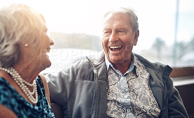 Buy stock photo Senior, couple and smile in restaurant for retirement, relax on vacation with pension. Elderly, man and woman on holiday or anniversary together, happiness in cafe for long marriage in Australia