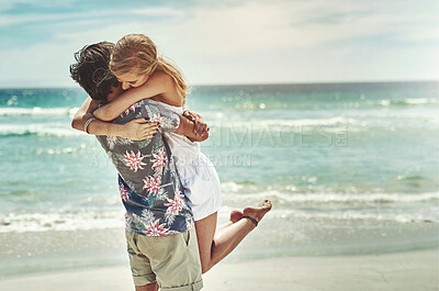 Buy stock photo Happy, couple and proposal for marriage with hug on romantic, travel and vacation in Bali. Man, woman and embrace for engagement, union or companionship for wedding at beach or seaside in Indonesia