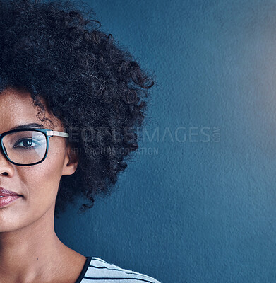 Buy stock photo Black woman, portrait and half face with glasses as prescription with eyewear for eyesight, vision and confident. Optometry, female person and smile with spectacles, lens and service with mockup