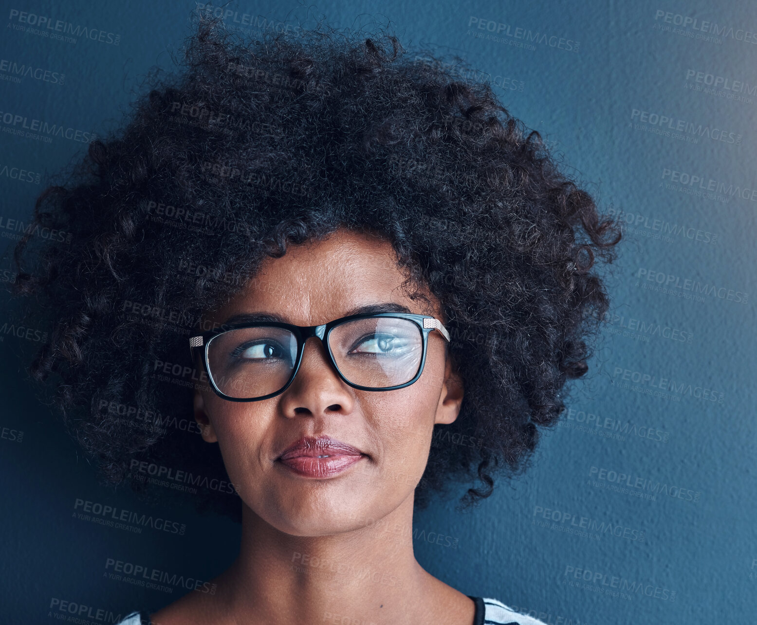 Buy stock photo Thinking, afro and black woman with glasses, ideas and problem solving on blue studio background. African person, model and girl with eyewear, solution and planning with decision, choice and wonder