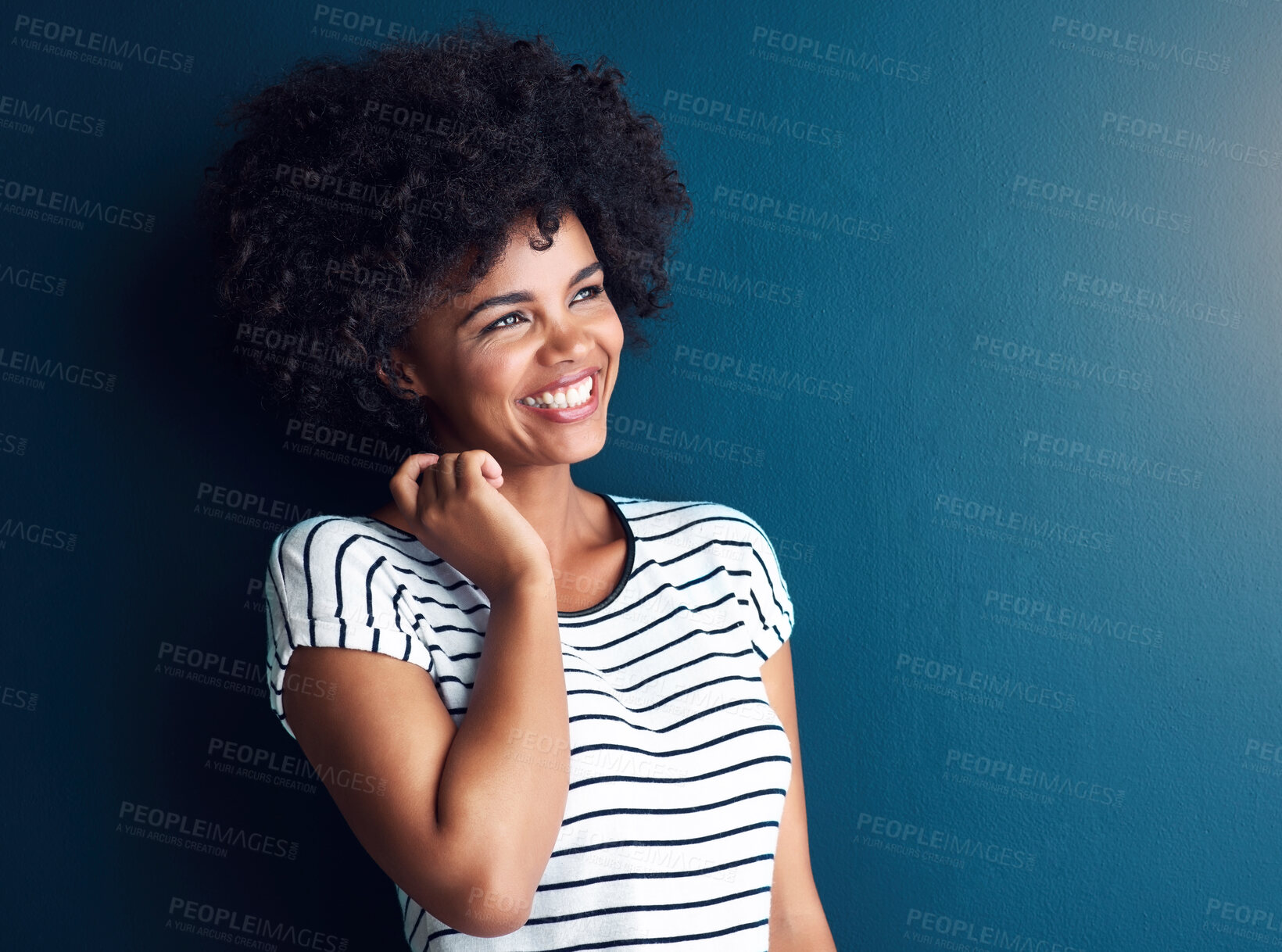 Buy stock photo African woman, studio and smile for fashion, stripes on shirt or style for mockup. Female student, gradient background and hand with clothes for university, happiness for education New York City