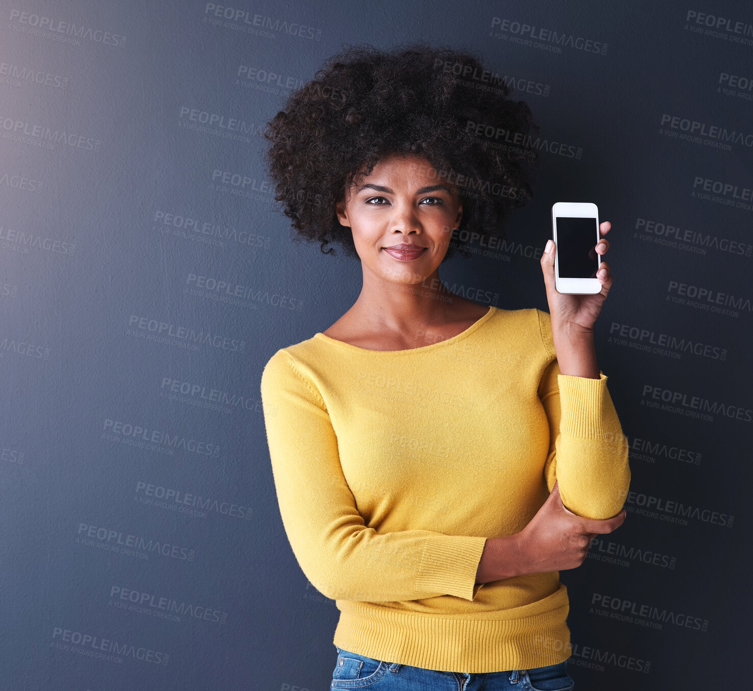 Buy stock photo Happy, woman and smartphone in portrait on background in streaming, app for entertainment or browsing in e commerce. Cheerful, female person and tech in studio with space, social media or shopping