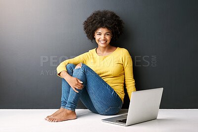 Buy stock photo Happy, woman and laptop in portrait on background in streaming, movie for entertainment or knowledge in e learning. Cheerful, female person and technology in studio with casual, watching or education