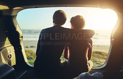 Buy stock photo Boys, sunset and relax in car at beach with hug, bonding and love in summer for travel road trip with ocean. Family, back view and sunshine in transport, tropical vacation and sunrise adventure