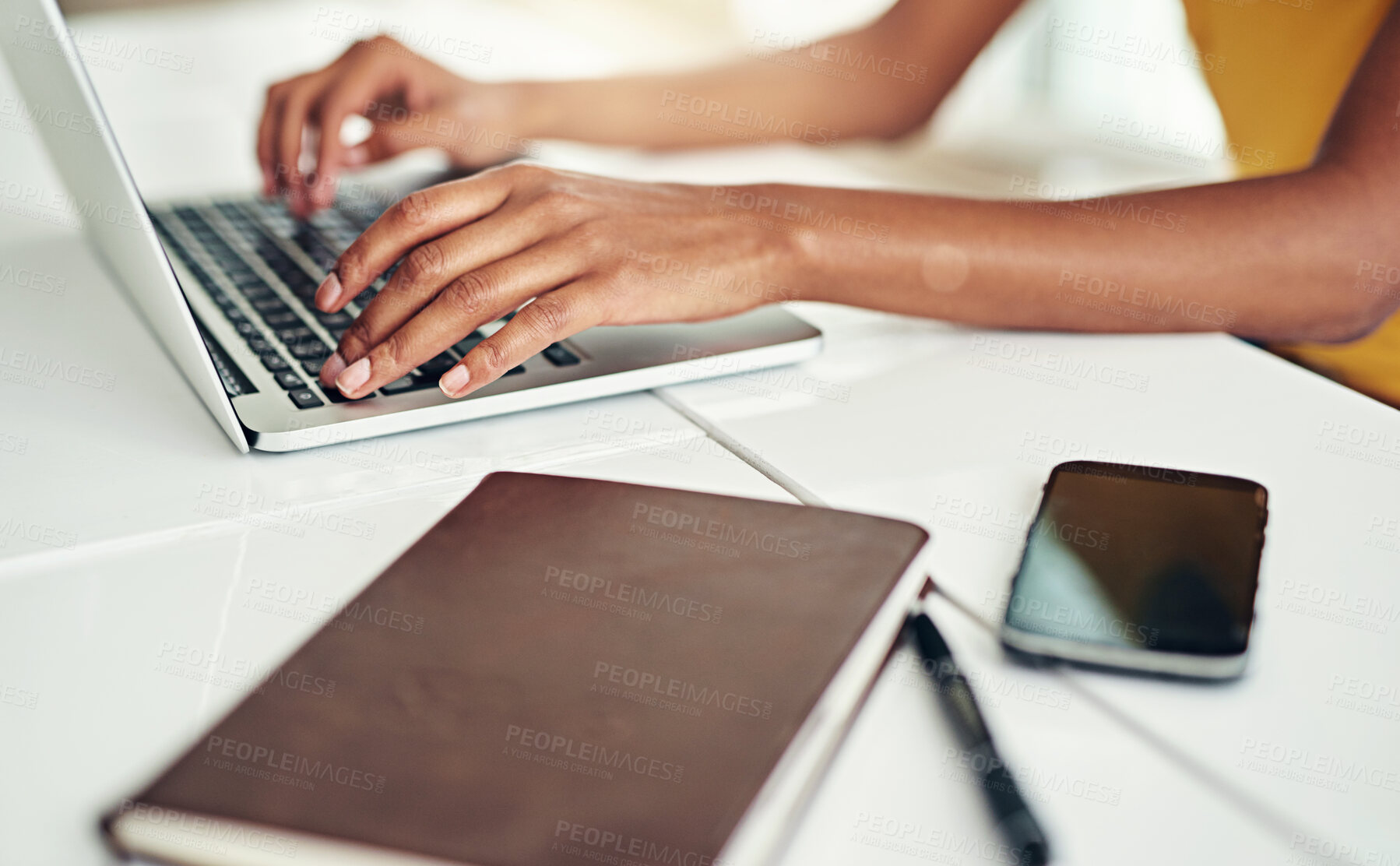 Buy stock photo Woman, hands and typing for research in office on laptop for communication, task management and spreadsheet for time tracking. Business, entry and report or document for productivity and deadline.