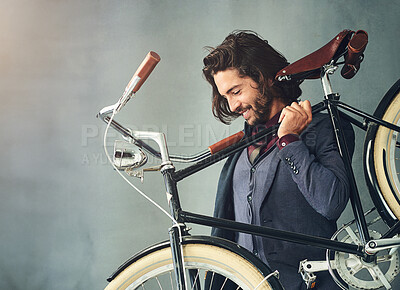 Buy stock photo Business, man and bicycle to travel, smile and transportation on grey studio background. Person, employee and consultant with eco friendly travel, environment and cyclist with bike and sustainability