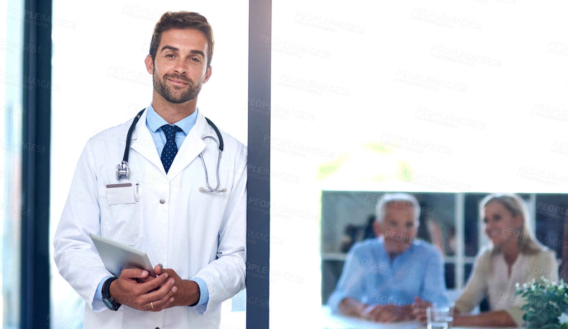 Buy stock photo Portrait, man and doctor with tablet in hospital, healthcare and patients for appointment, with smile, Face, people and medical with professional, technology and career in senior care with wellness