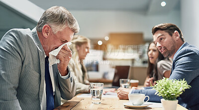 Buy stock photo Business, man and sick with allergy in meeting blowing nose on tissue, cold and flu of staff in office workplace. Male, person and sneeze from virus, bacteria and health safety with burnout risk