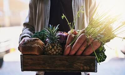 Buy stock photo Food delivery, grocery and hands of man with product for vegetables container, online shopping or fresh produce. Export, nutritionist and courier with package for logistics, shipping or distribution