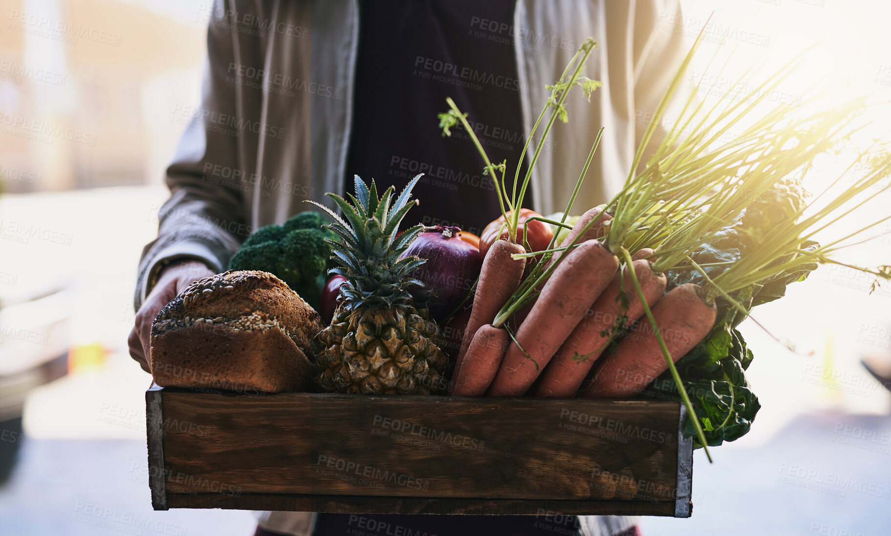 Buy stock photo Food delivery, grocery and hands of man with product for vegetables container, online shopping or fresh produce. Export, nutritionist and courier with package for logistics, shipping or distribution