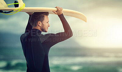 Buy stock photo Surfer, thinking and man at beach for water adventure or relax in summer, holiday or travel in vacation. Person, surfing and search for waves in Australia, ocean and sea with calm sunrise swimming 