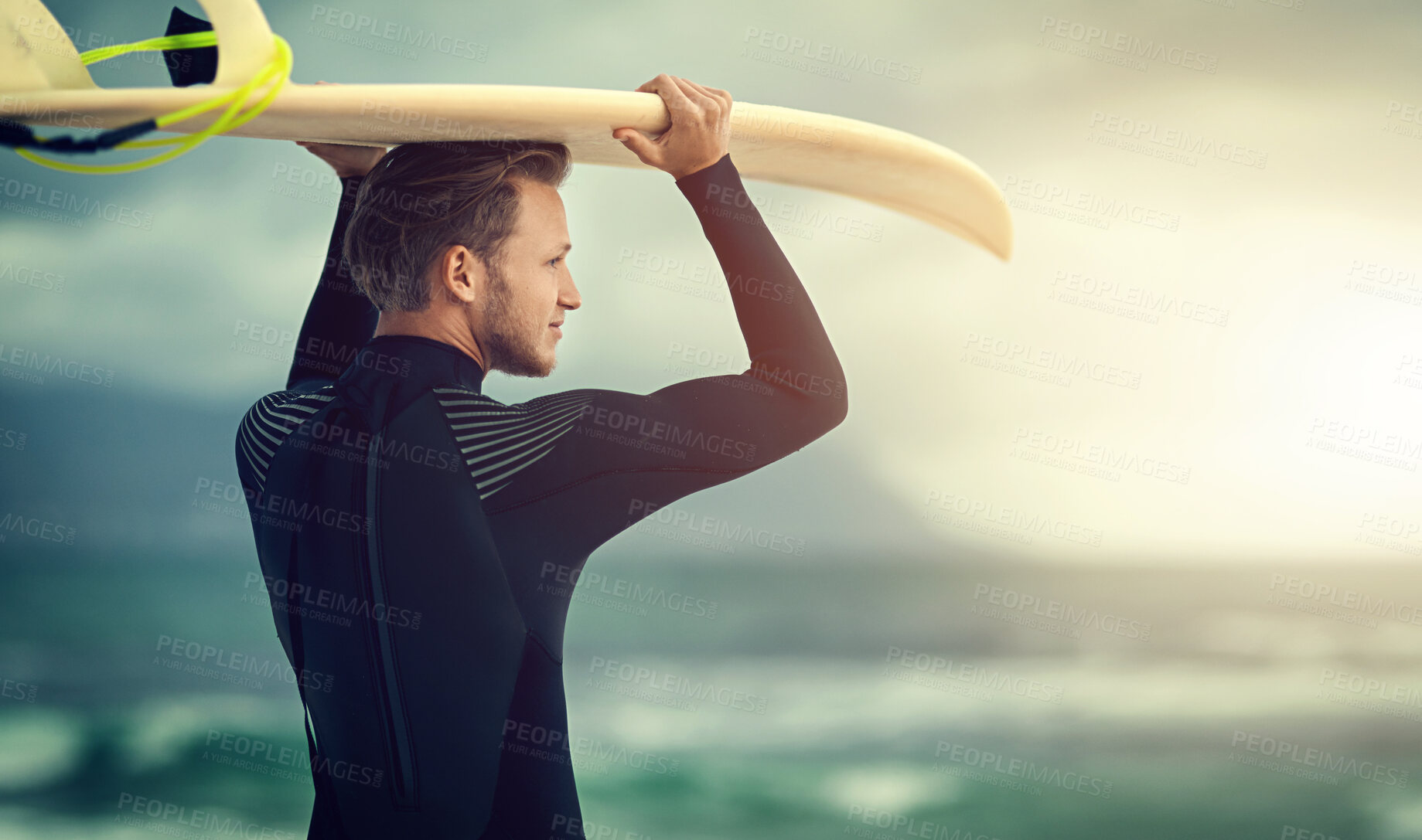 Buy stock photo Surfer, thinking and man at beach for water adventure or relax in summer, holiday or travel in vacation. Person, surfing and search for waves in Australia, ocean and sea with calm sunrise swimming 