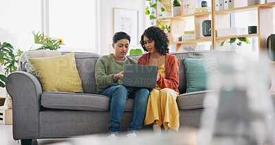 Buy stock photo Lounge sofa, face and gay people speaking, talking and chat about omnichannel. LGBT, laptop and lesbian couple conversation on home online shopping choice, social media post or reading info.