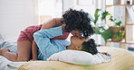 LGBTQ, bed and homosexual couple kiss, care and relax gen z women, trans girlfriend or marriage partner affection. Love, passion and lesbian people bond, intimate and enjoy morning in home bedroom