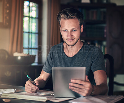 Buy stock photo Elearning, paper or man with tablet in home office for planning, research or homework, project or assignment. Business course, study and architect student with digital search for blueprint compliance