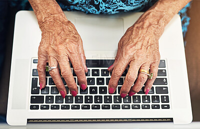 Buy stock photo Senior woman, hands or laptop for typing in retirement  home, research and plan for financial budget. Female pensioner, computer or idea on document for later revision, investment in future security