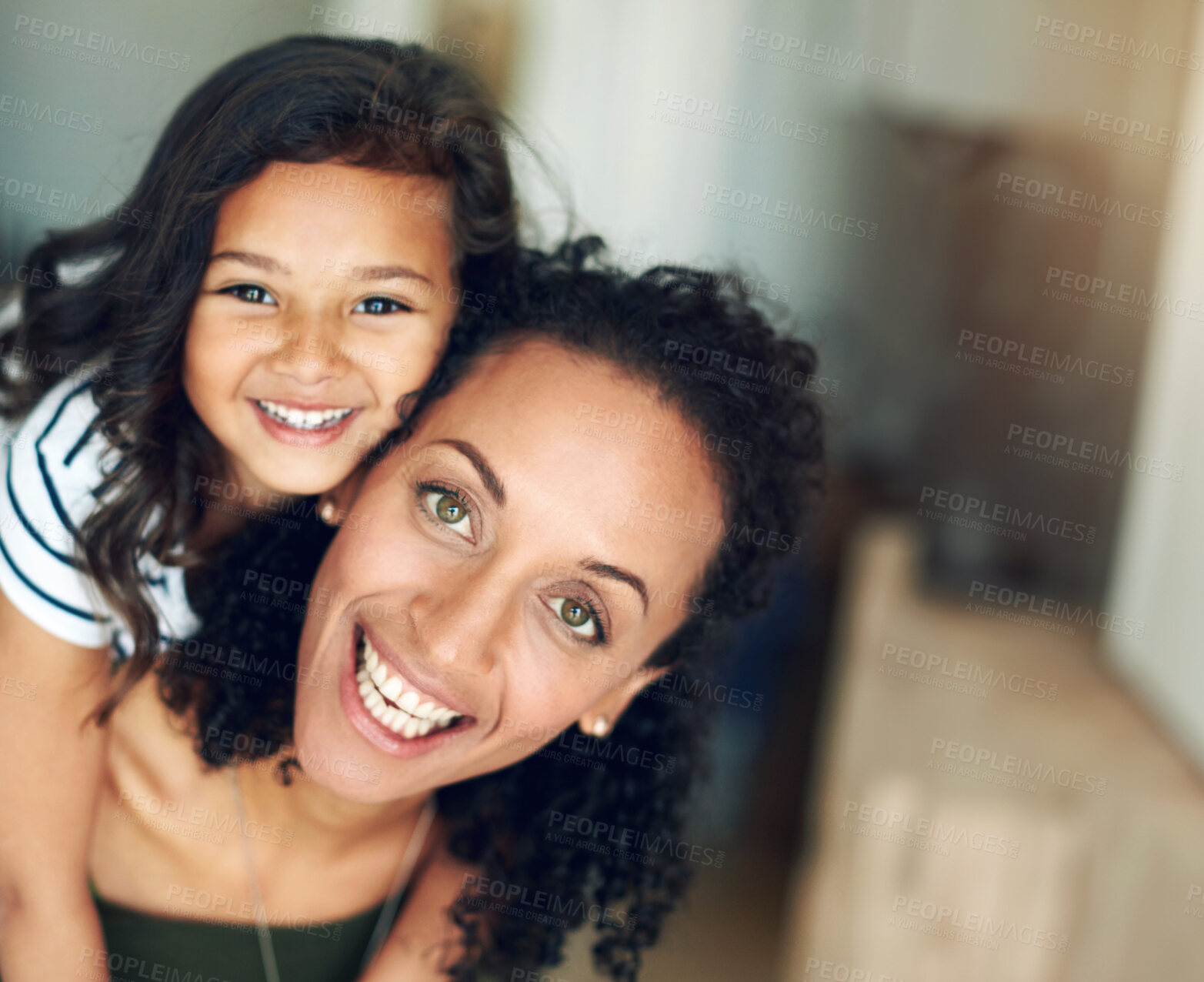 Buy stock photo Mom, girl and piggy back in home for portrait with smile, connection or comic games in living room. Playful, mother and daughter for ride, excited and happy for care, love or bonding in family house