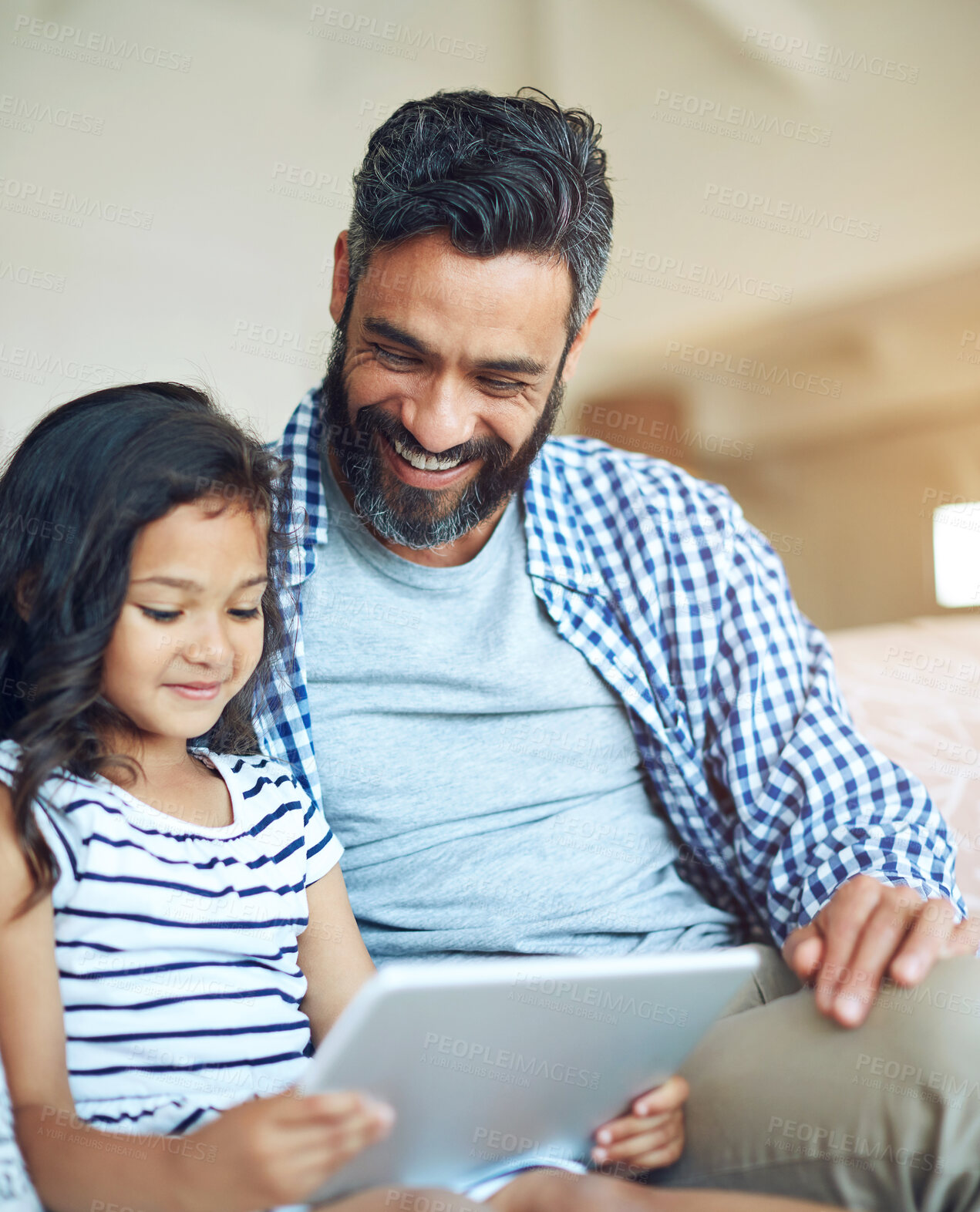 Buy stock photo Father, girl and home with tablet together in living room, online and browsing for streaming shows and happy family. Educational, tech and kids app for gaming network or elearning, man and parenthood