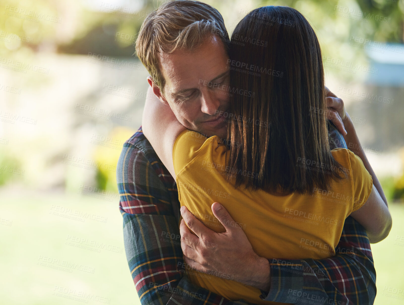 Buy stock photo Love, trust and couple hug in garden with peace, gratitude and support in their backyard for weekend, travel or reunion. Commitment, solidarity or people embrace outdoor with calm, care or connection