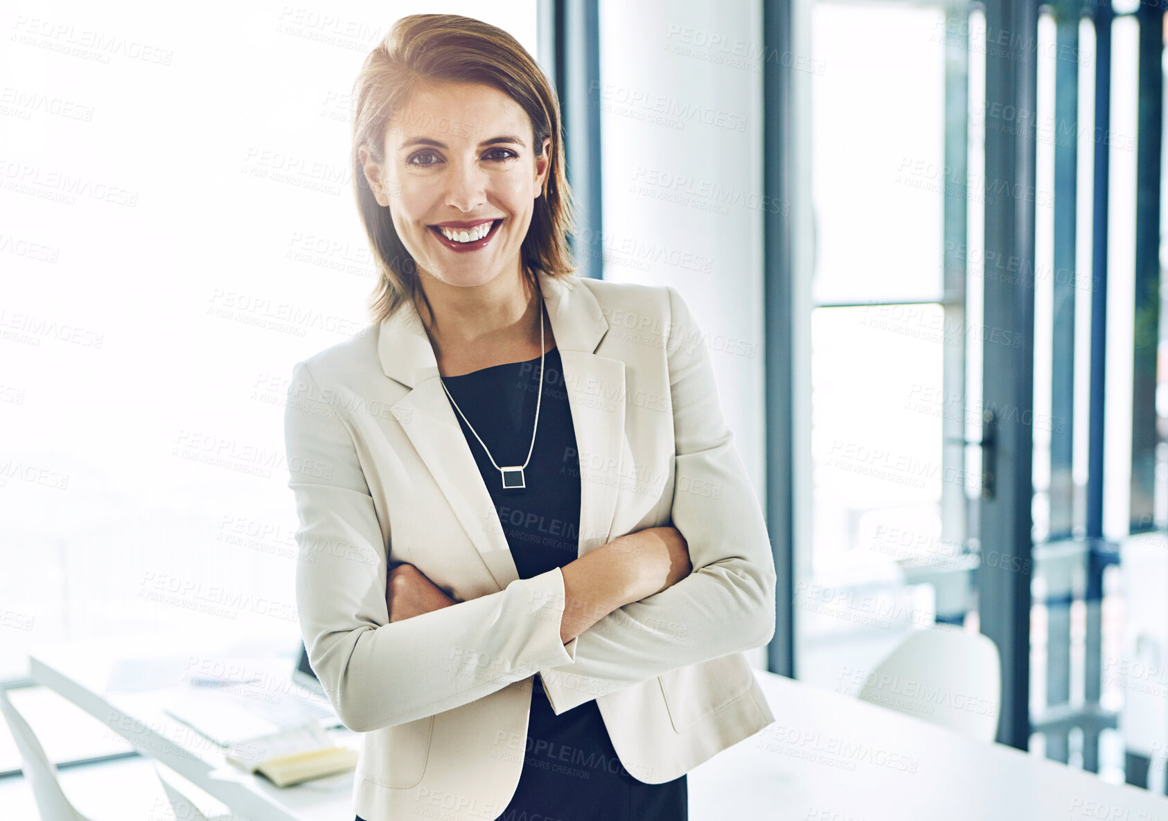 Buy stock photo Happy, crossed arms and portrait of business woman in office with company pride, confidence and ambition. Corporate lawyer, professional and person in law agency for legal consulting, job and career