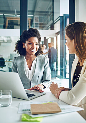 Buy stock photo Laptop, consulting and business women in office for discussion, talking and meeting for online proposal. Corporate, financial advisor and people on computer for planning, website and feedback report