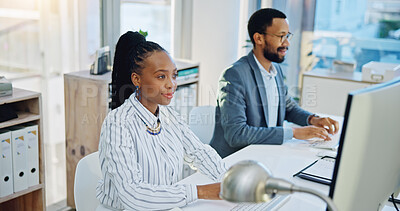 Buy stock photo Business people typing on computer in coworking office for planning research, online report and administration. Black woman, employees and working on desktop pc for email, information update and tech