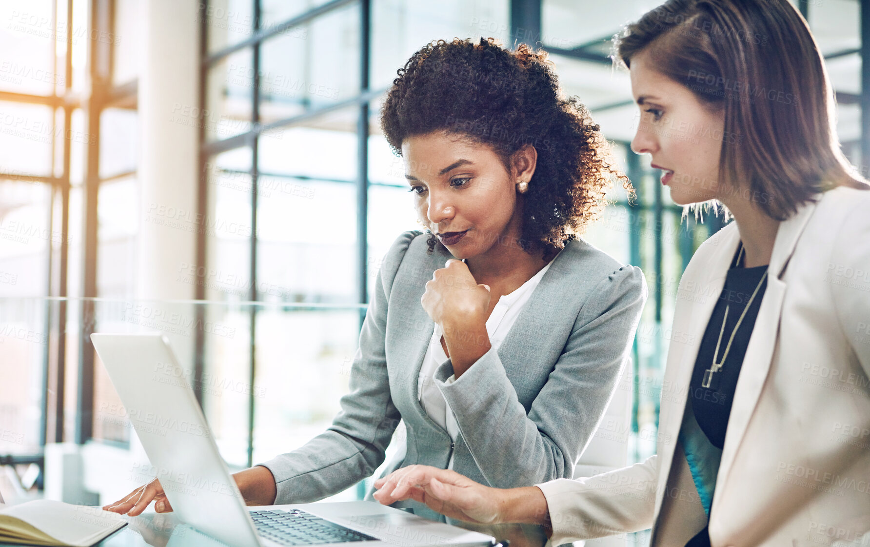 Buy stock photo Business people, woman and mentor with discussion on laptop in office for human resources introduction and startup briefing. Teamwork, employees and meeting for corporate training and feedback review