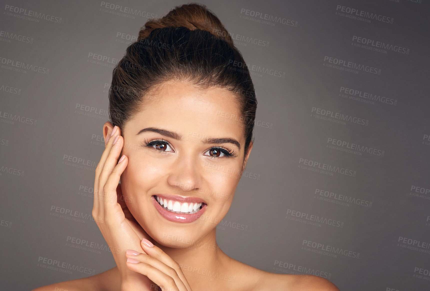 Buy stock photo Face, skincare and woman in studio with self care, happiness and healthy glow on skin. Clean, beauty and girl with natural cosmetics from dermatology for hygiene, wellness or smile in grey background